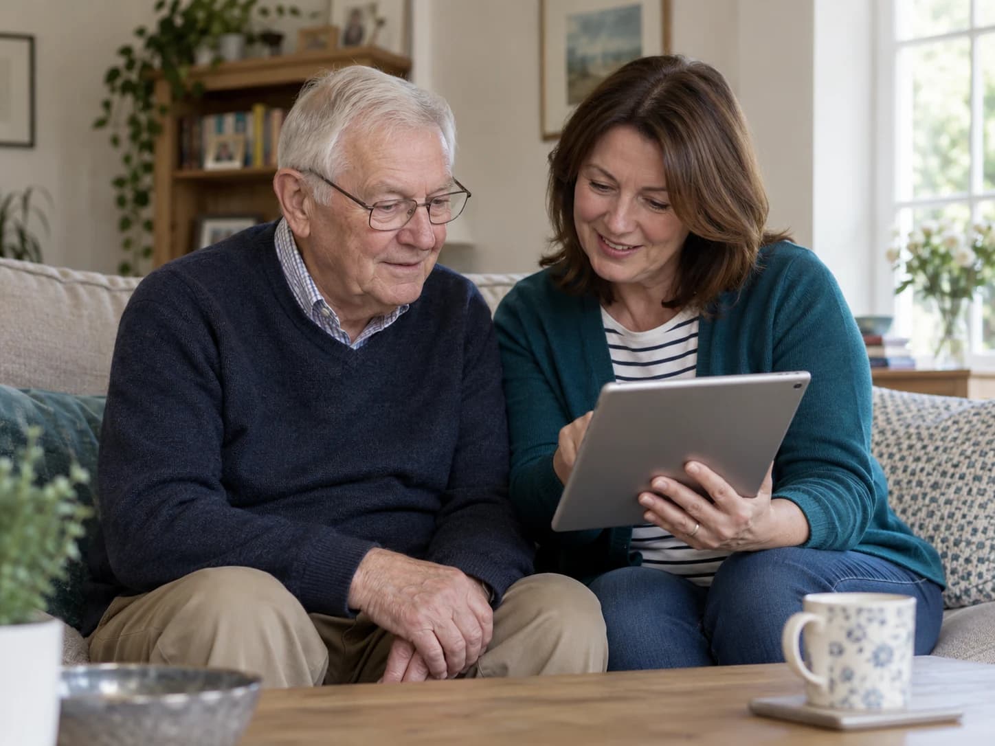 A man and his adult daughter looking at a tablet together at home
