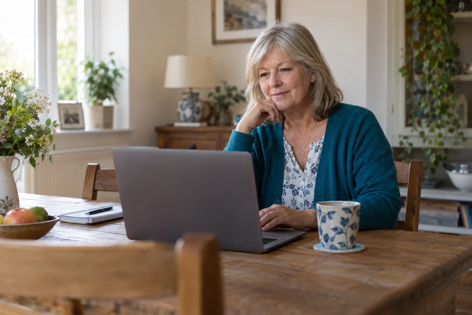 A woman using a laptop at her dining table at home